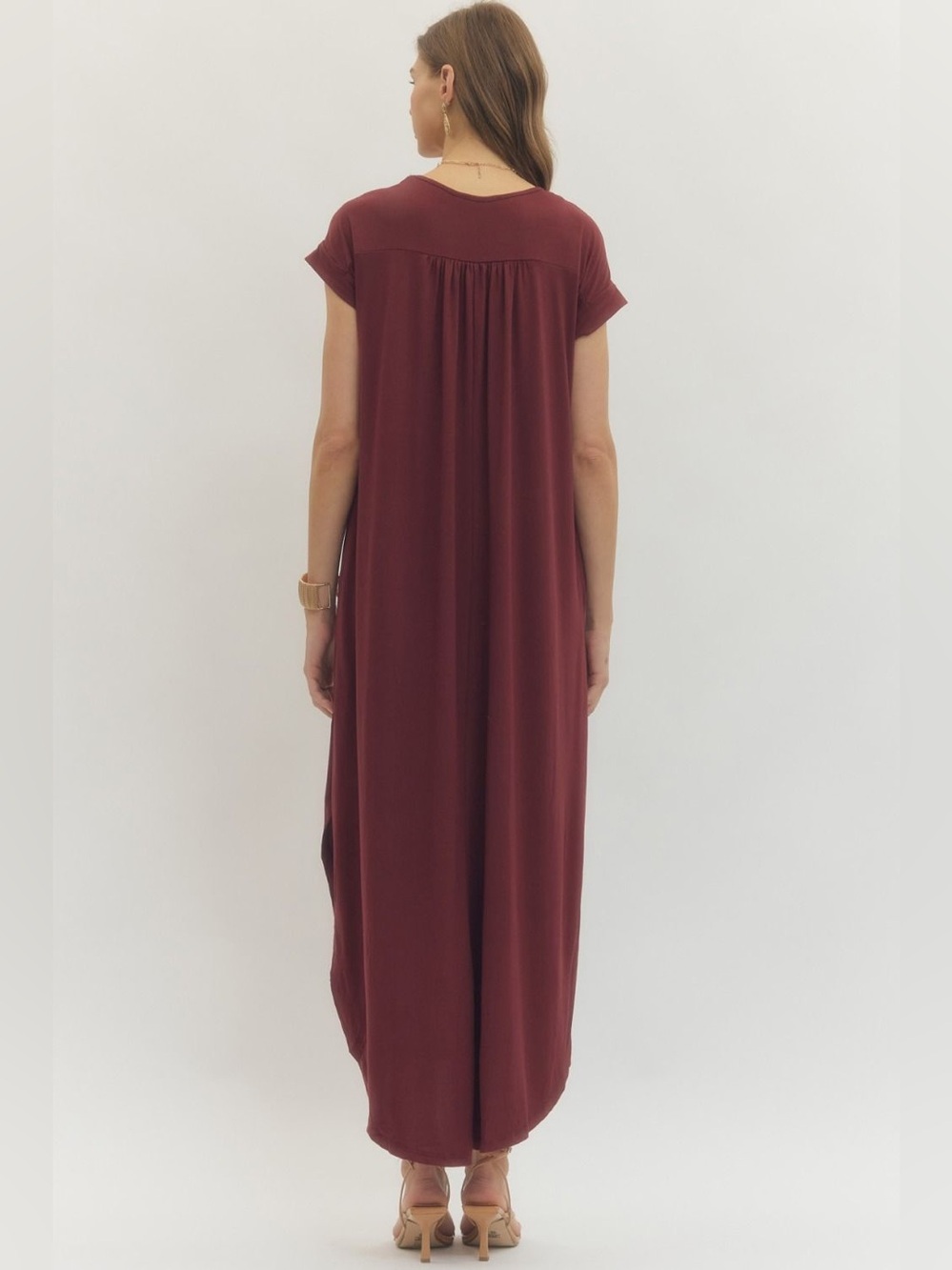 🆕 Entro Solid jersey knit V-neck round hem maxi dress - Picture 4 of 7